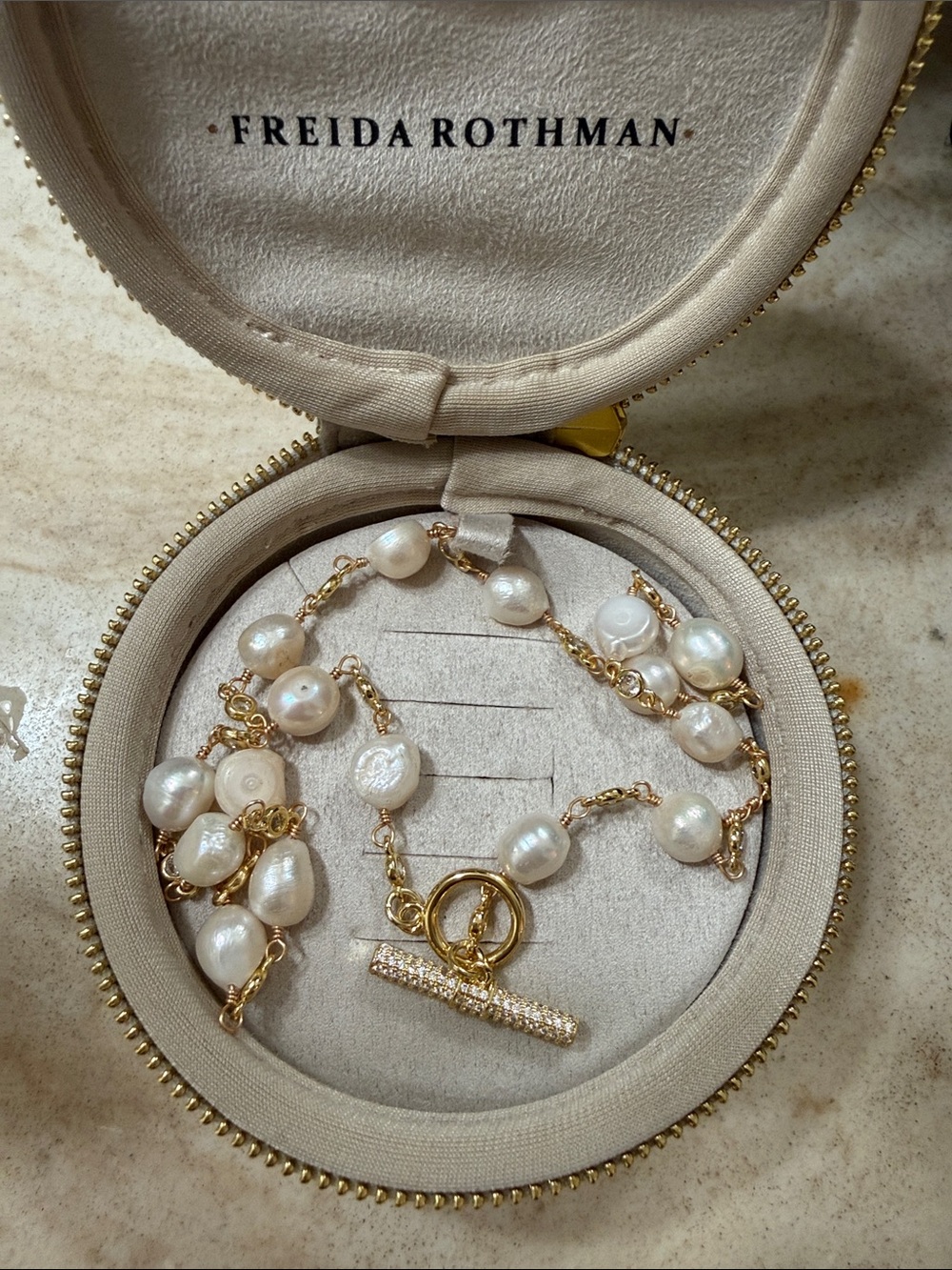 Freida Rothman Gold Freshwater Pearl Toggle Necklace - White Pearls